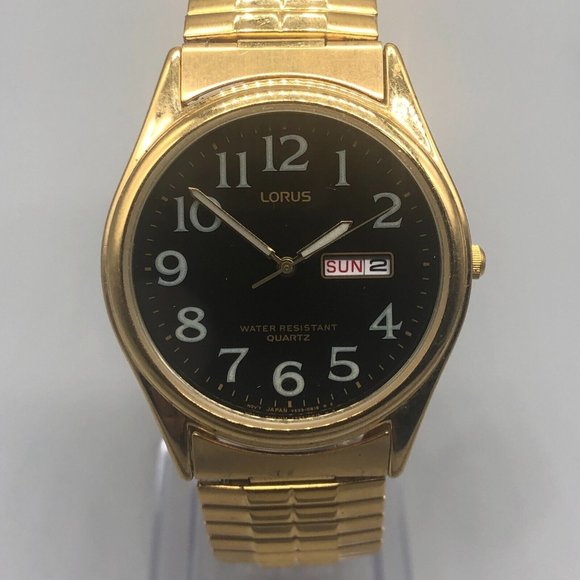 Lorus Accessories Lorus Watch Men Gold Tone Black Dial Day Date Window Stretch Band New
